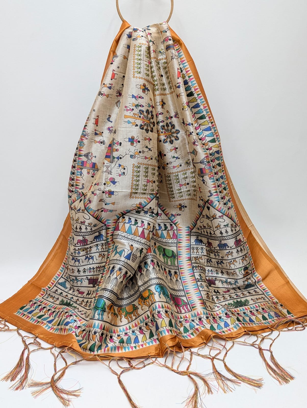 Beige ethnic motif Assam Silk dupatta with tassels