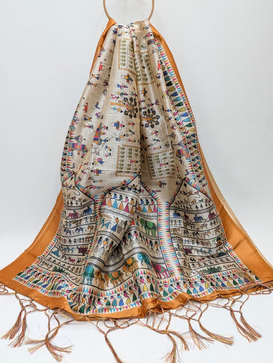 Beige ethnic motif Assam Silk dupatta with tassels