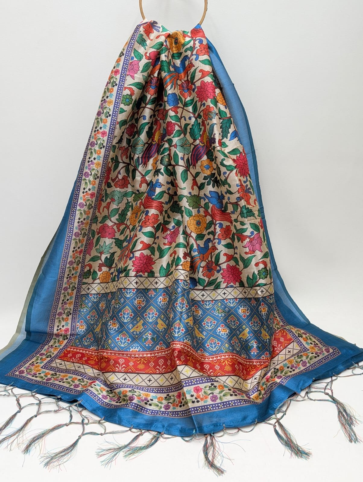 Multicolour floral Assam Silk dupatta with tassels