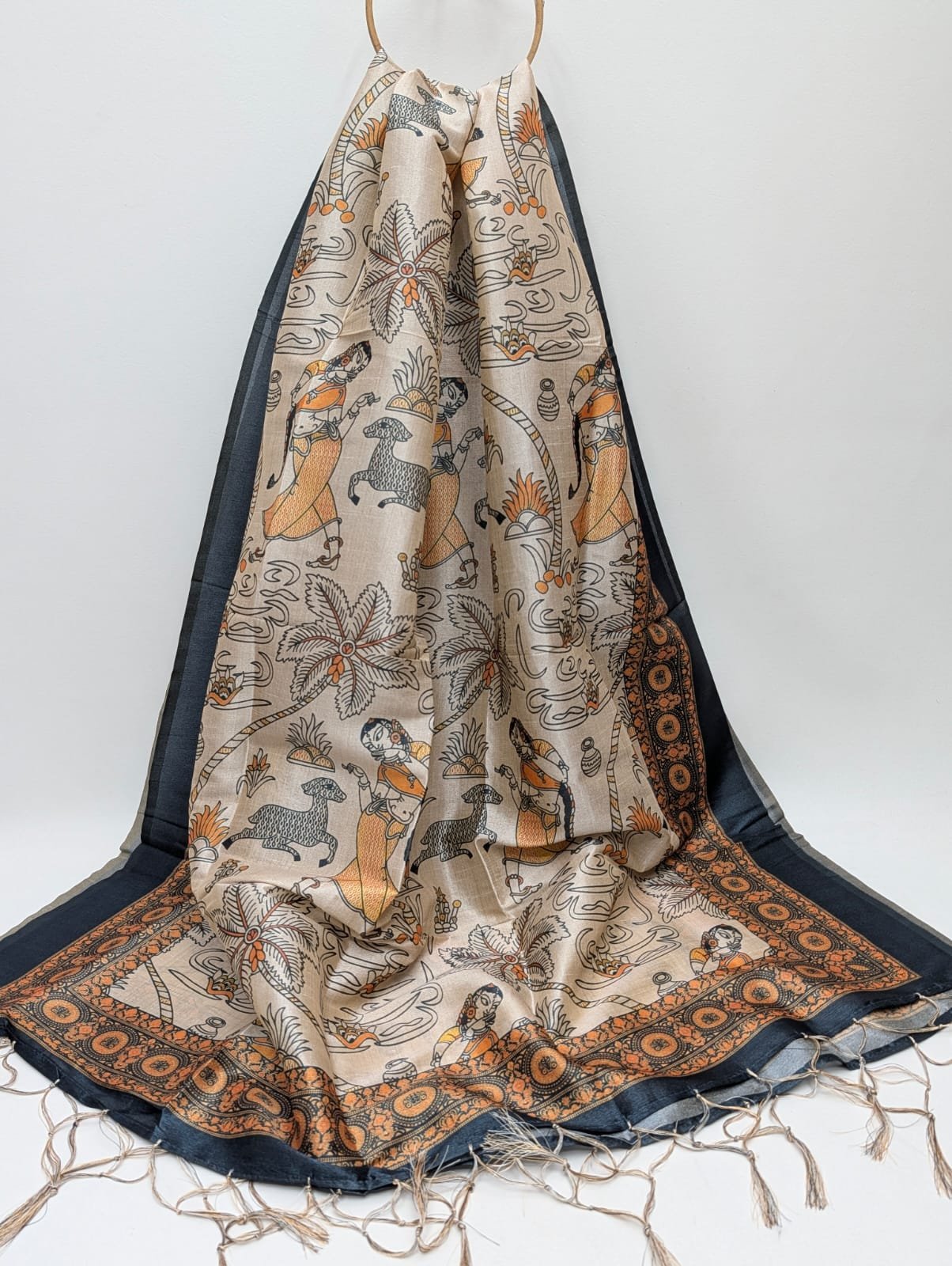 Beige traditional motif Assam Silk dupatta with tassels