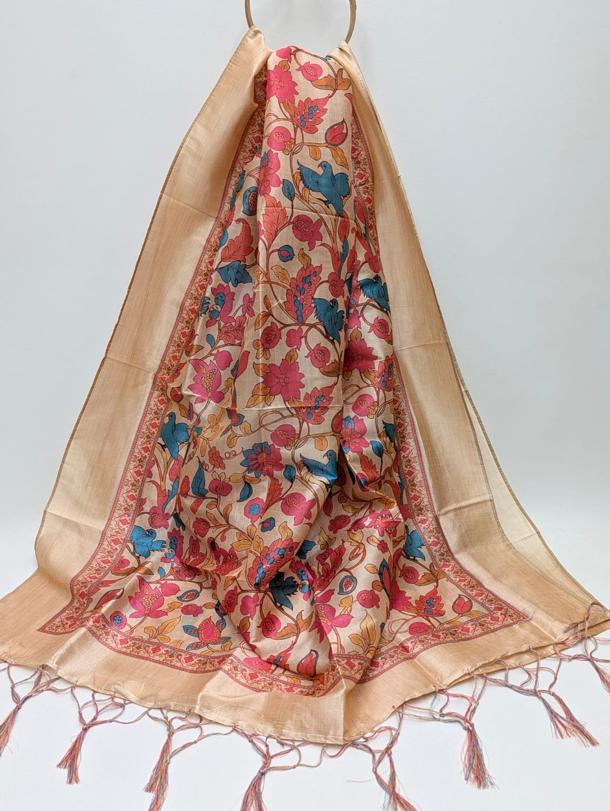 Beige floral Assam Silk print stole tassels
