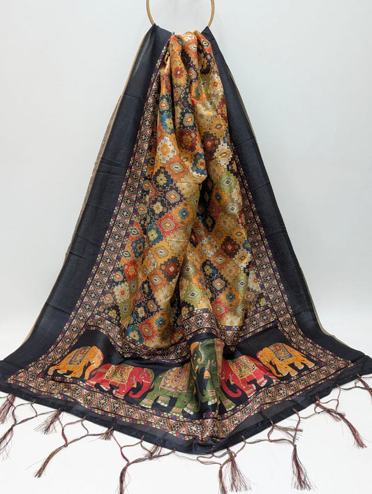 Black elephant motif Assam Silk dupatta tassels
