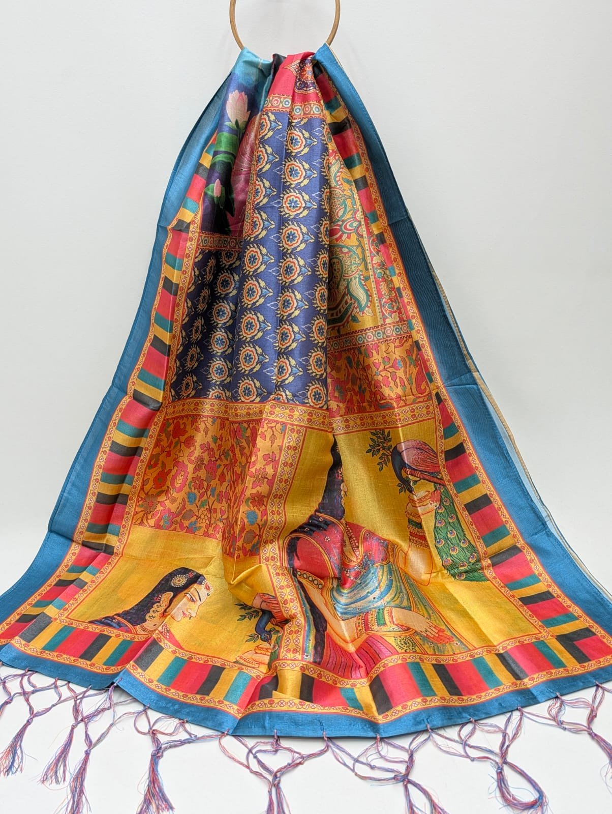 Multicolor Assam Silk digital print stole tassels