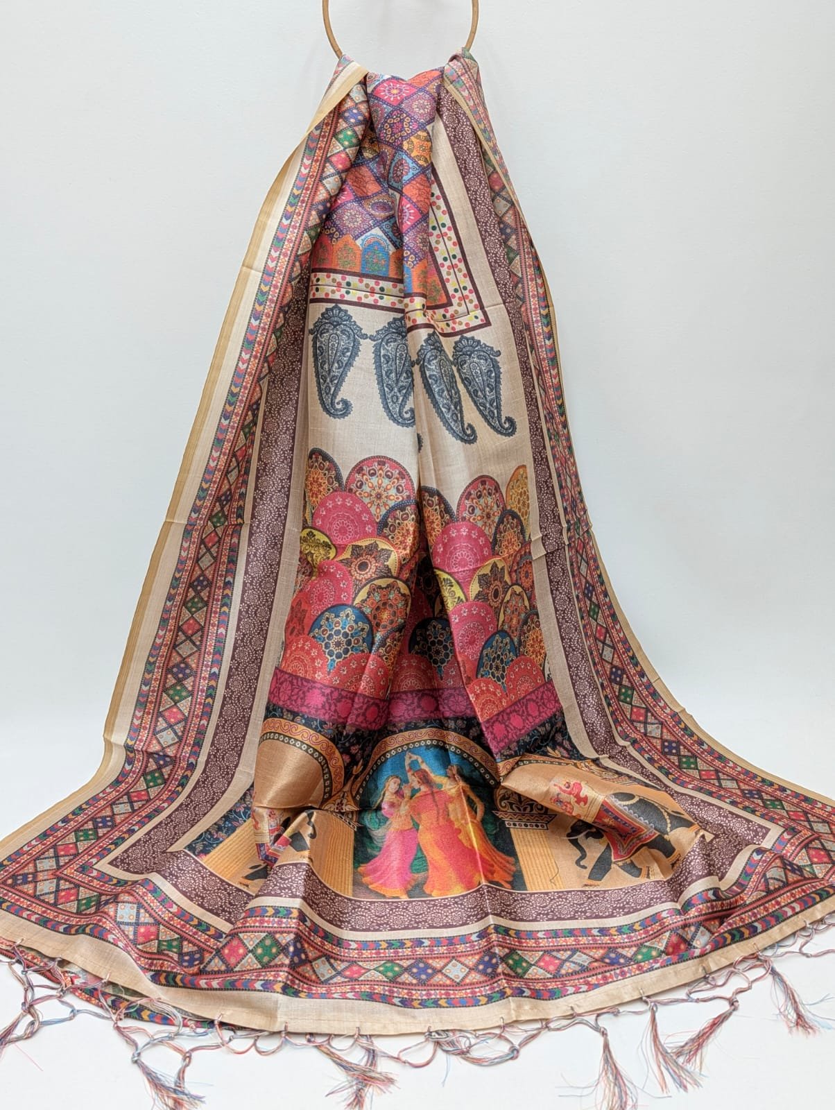 Beige traditional motif Assam Silk dupatta tassels