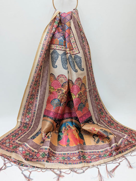 Beige traditional motif Assam Silk dupatta tassels