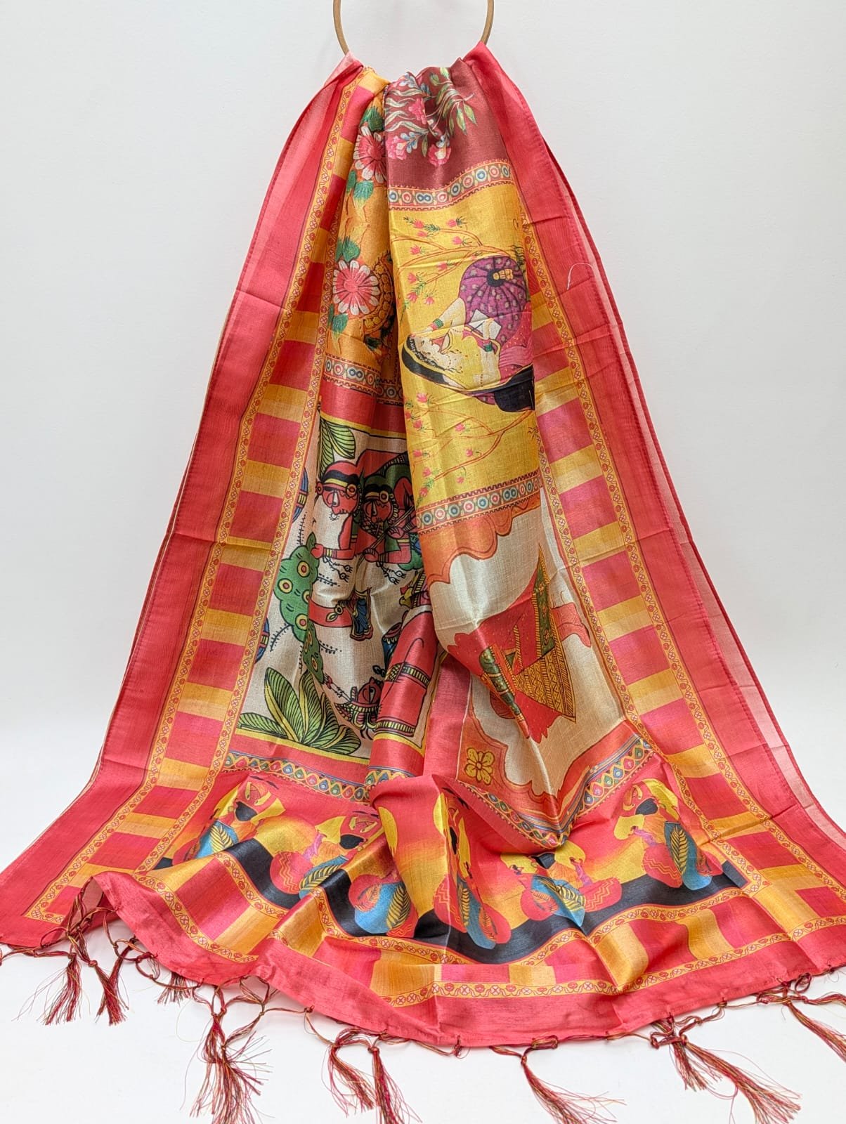 Red geometric Assam Silk dupatta with tassels