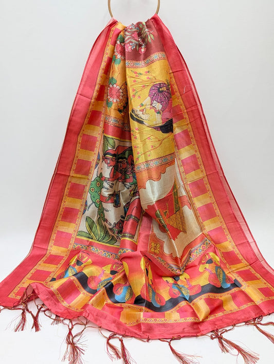 Red geometric Assam Silk dupatta with tassels