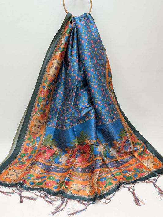Blue botanical print Assam Silk dupatta India