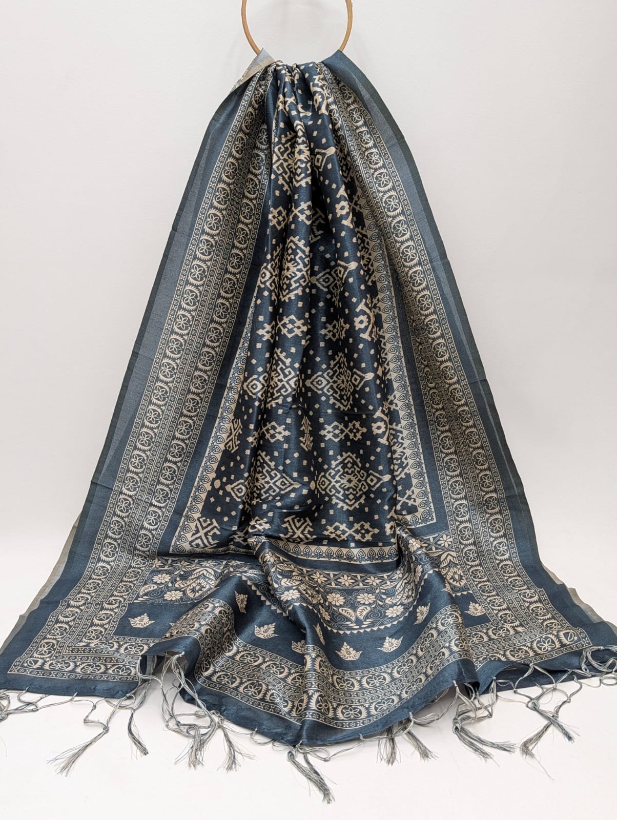 Blue geometric print Assam Silk dupatta India