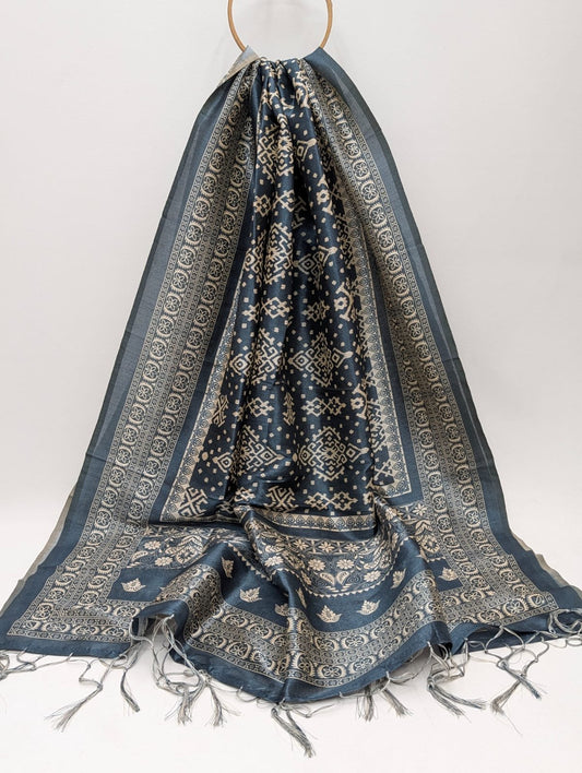 Blue geometric print Assam Silk dupatta India