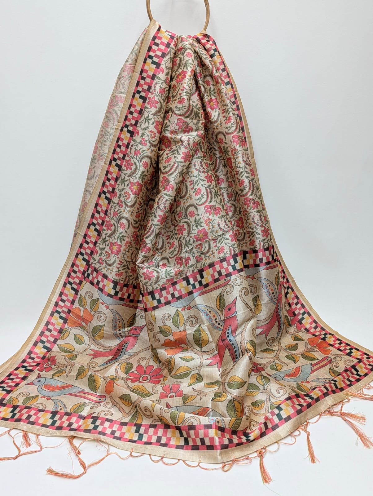 Beige floral dupatta with ethnic motif India