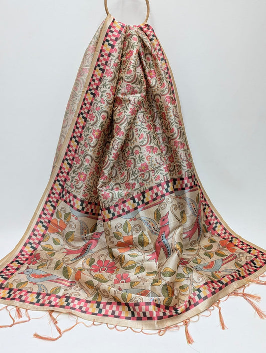 Beige floral dupatta with ethnic motif India