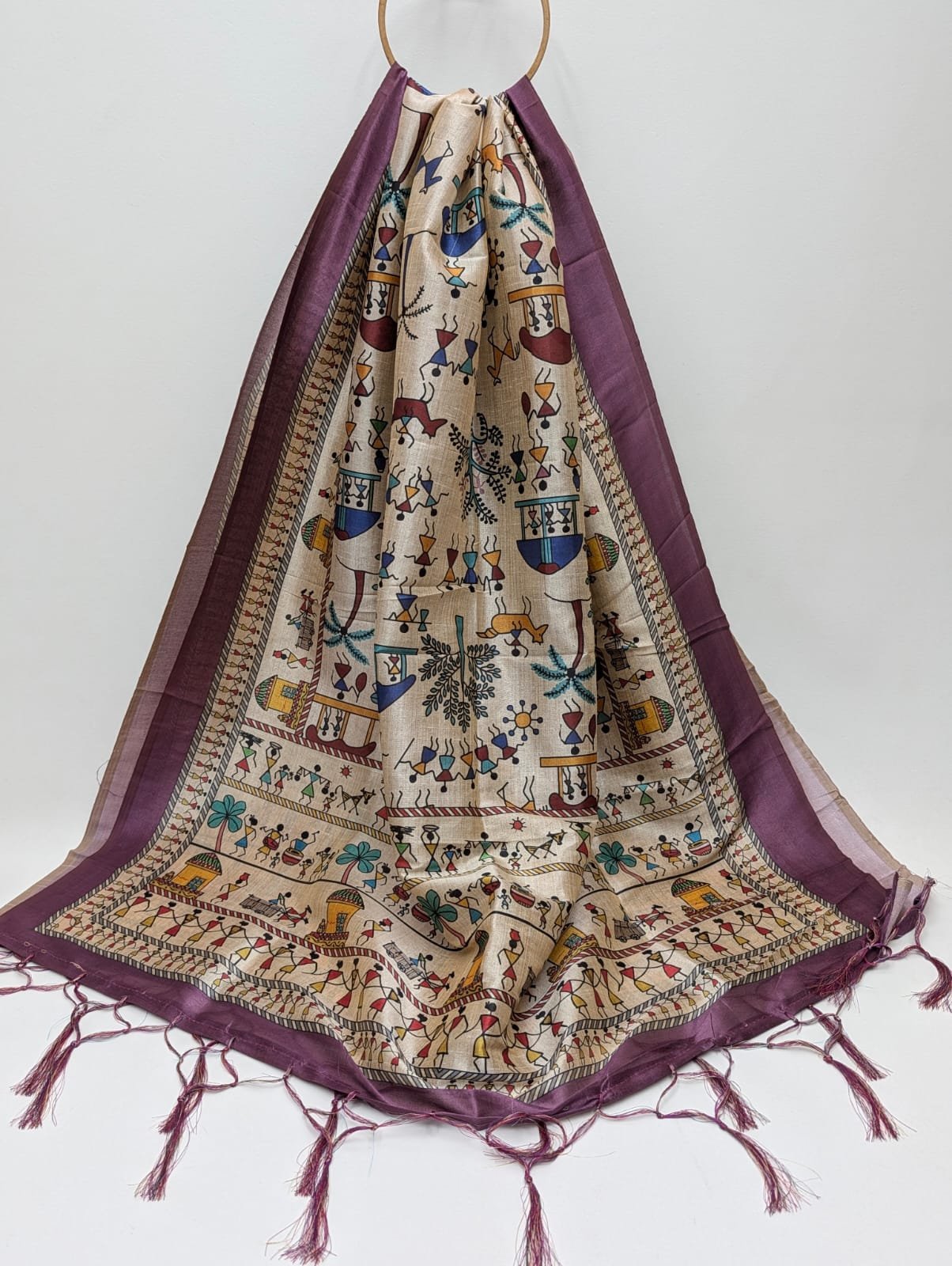 Traditional print Assam Silk stole with tassels