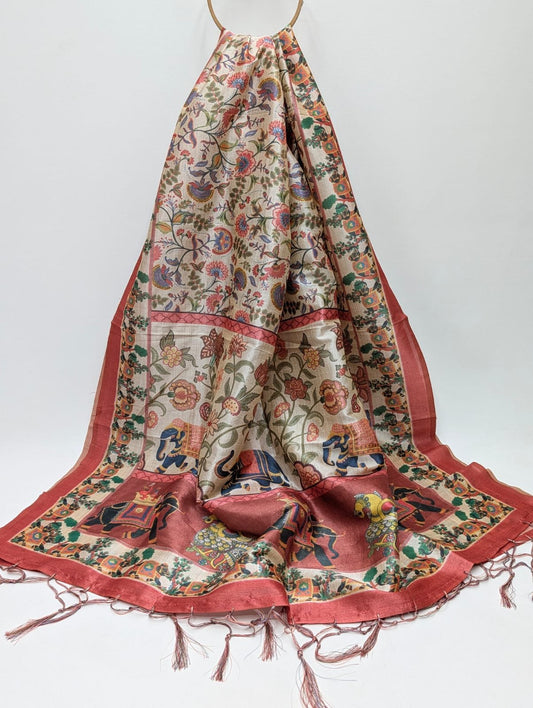 Floral print Assam Silk dupatta with tassels
