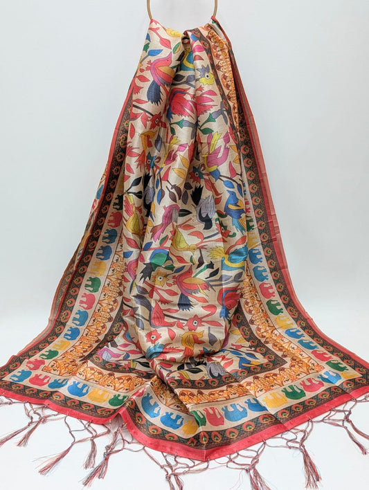Multicolored botanical Assam Silk dupatta with tassels