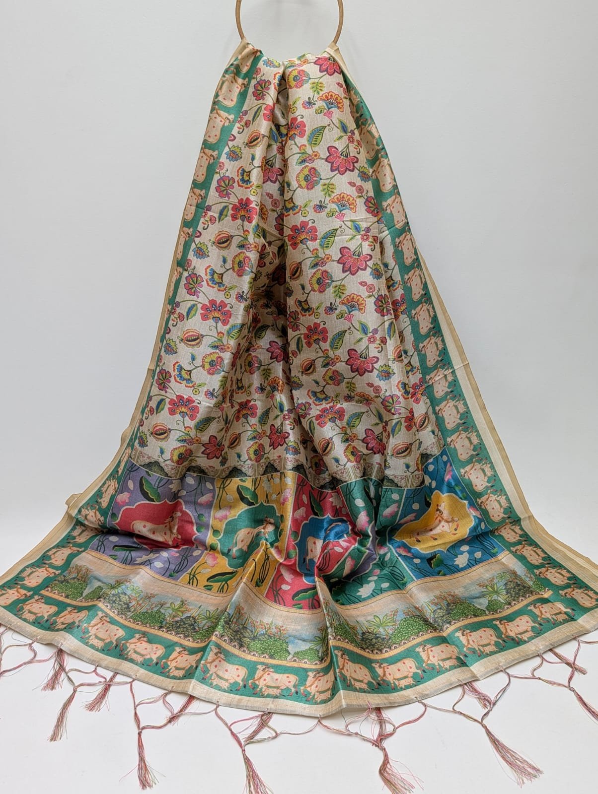 Botanical print Assam Silk dupatta with tassels