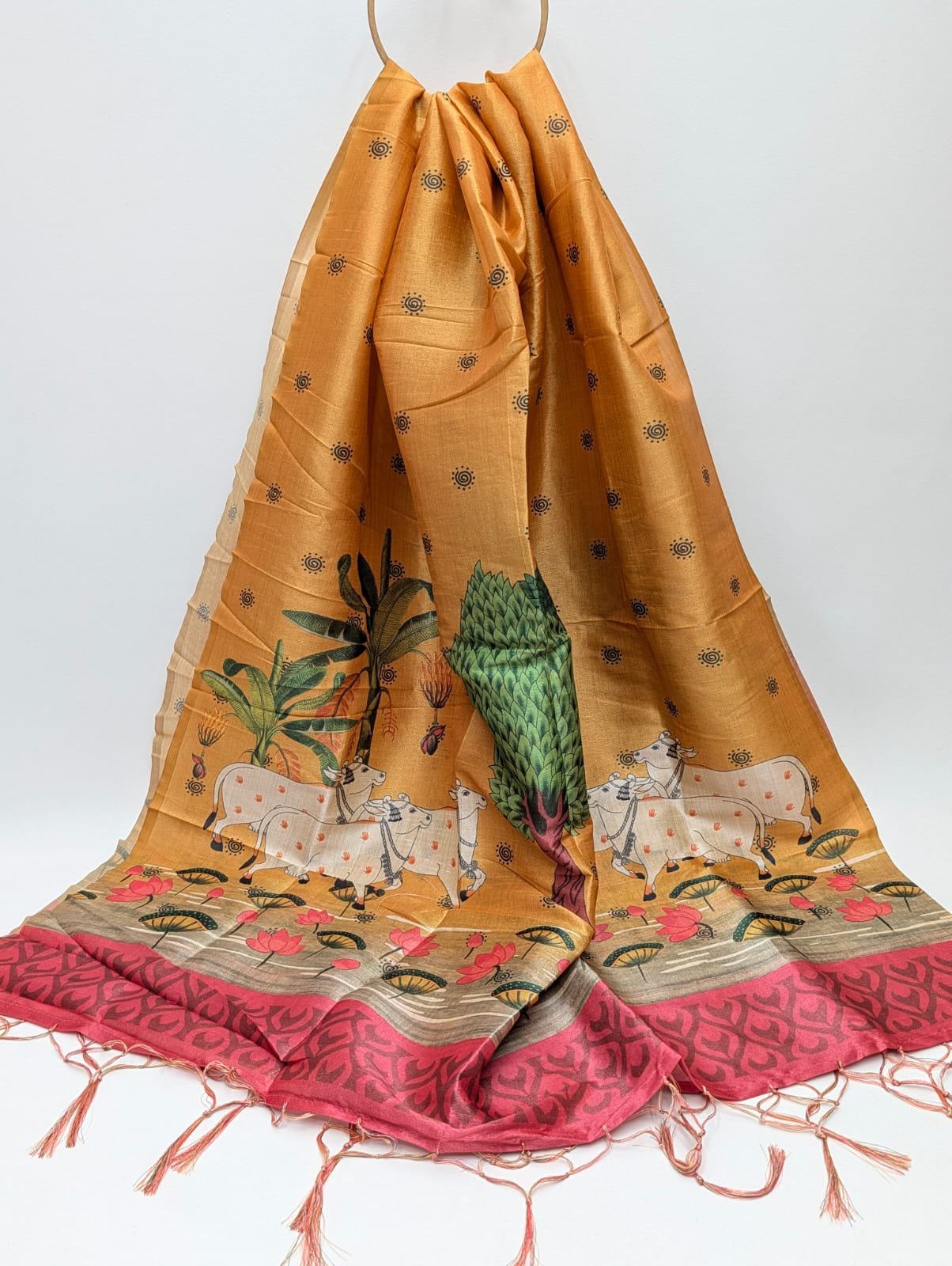 Orange animal motif Assam Silk dupatta India