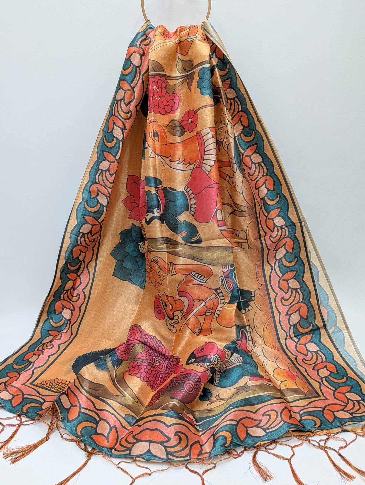 Orange ethnic motif Assam Silk dupatta with tassels