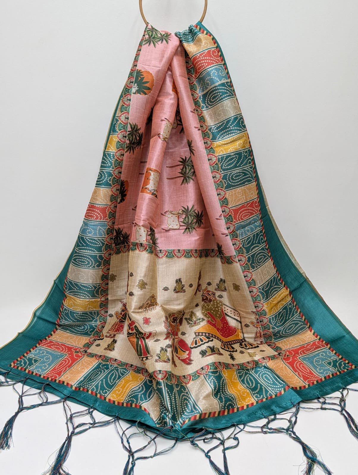 Pink panel print Assam Silk dupatta with tassels