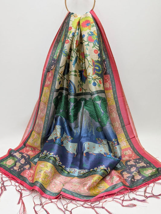 Multicolor floral Assam Silk stole with tassels
