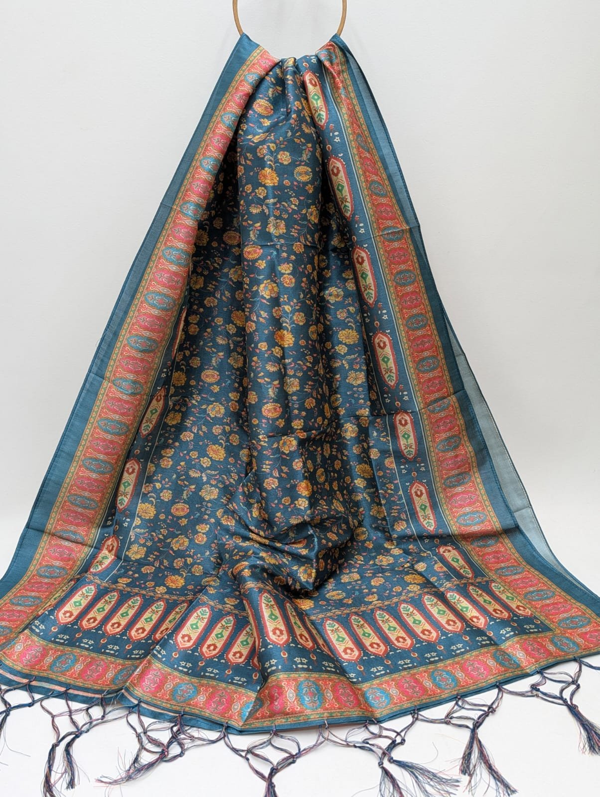 Blue all-over floral Assam Silk dupatta India