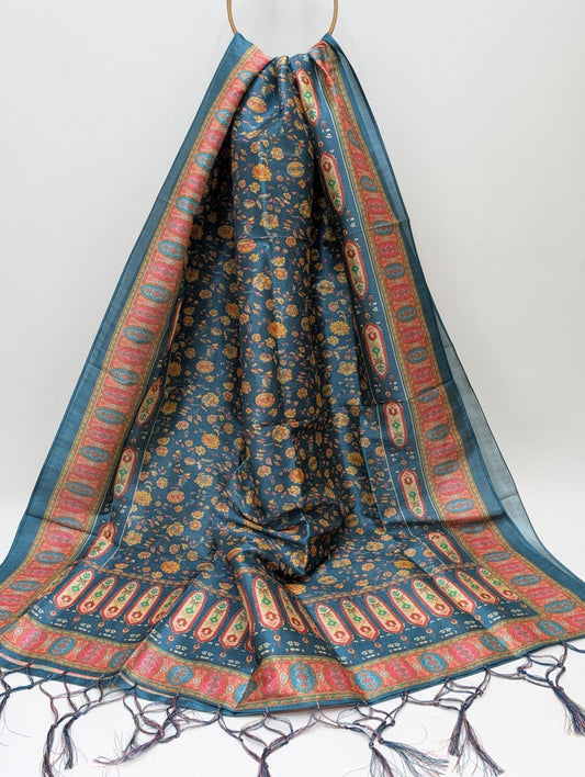 Blue all-over floral Assam Silk dupatta India