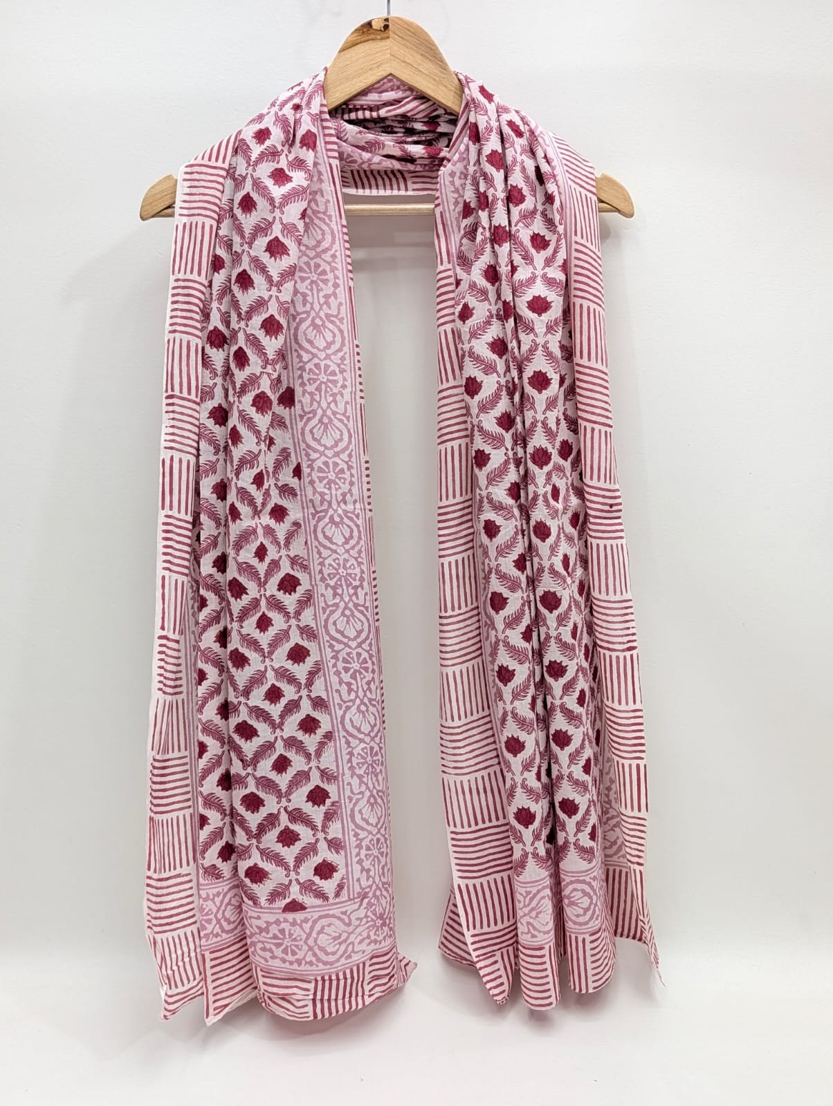 Red geometric block print cotton stole dupatta