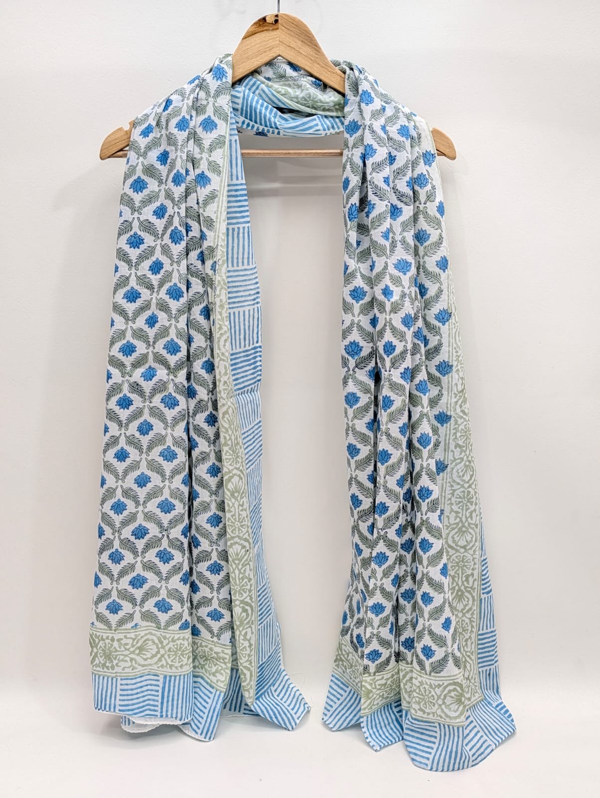 Blue geometric block print cotton stole dupatta