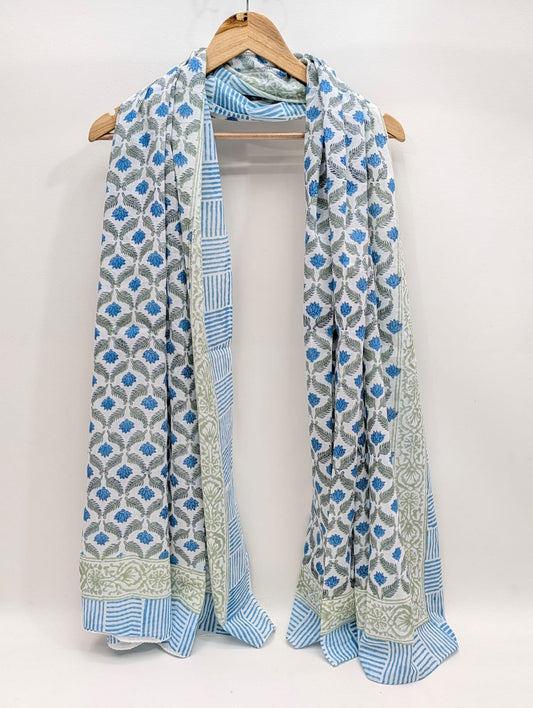 Blue geometric block print cotton stole dupatta