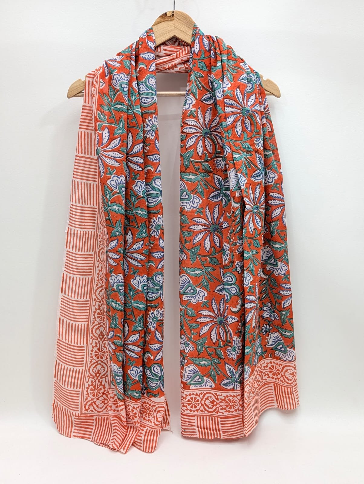 Orange floral block print cotton stole dupatta