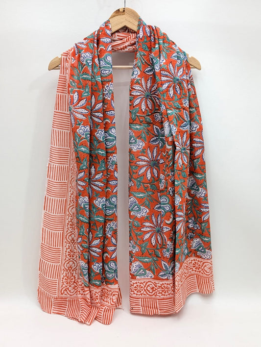 Orange floral block print cotton stole dupatta