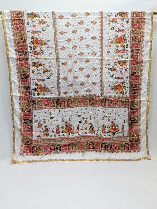 White ethnic motif Chinon dupatta with mirrors