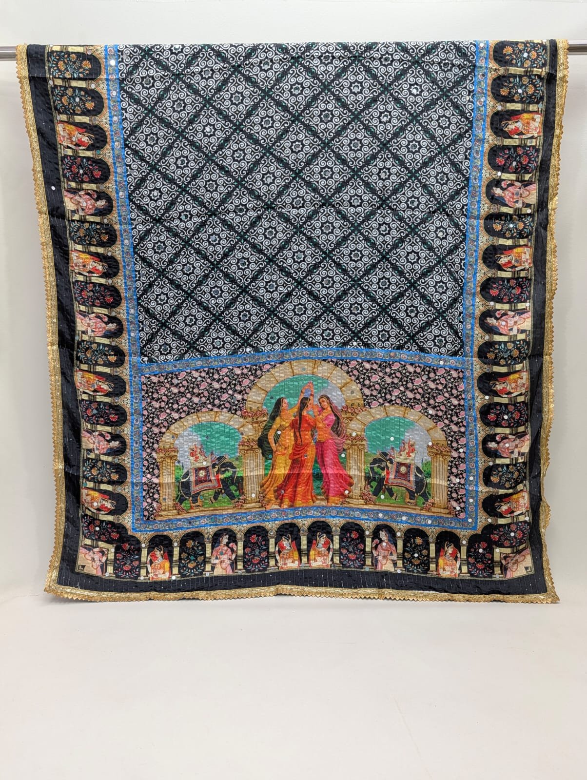 Black geometric Chinon dupatta with mirror borders