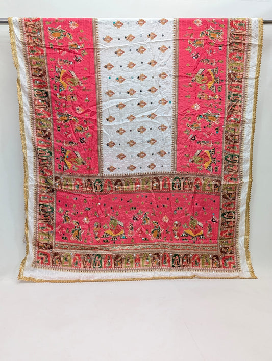 Pink ethnic motif Chinon dupatta with mirror work