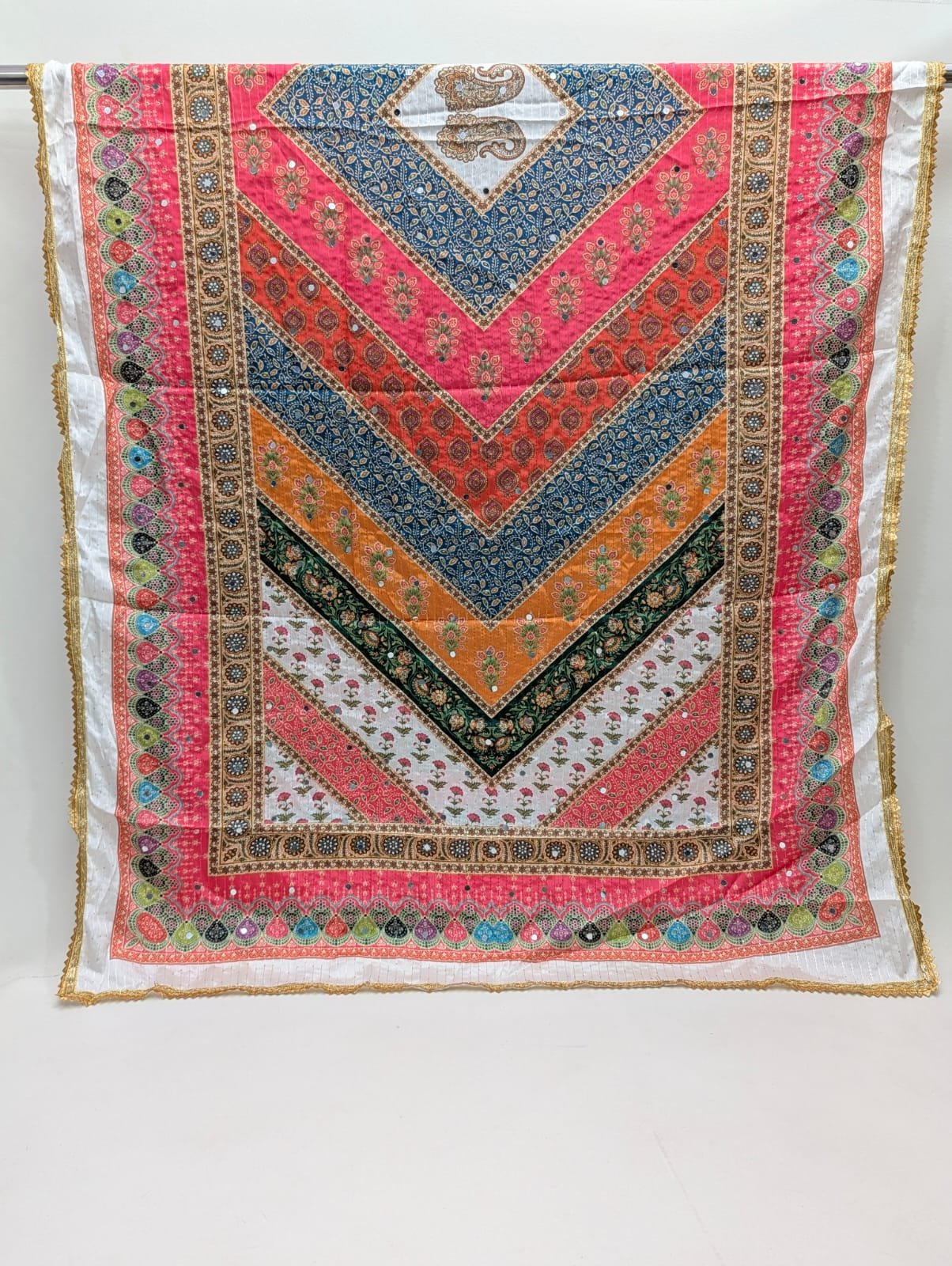 Multicolour chevron Chinon dupatta with mirror work