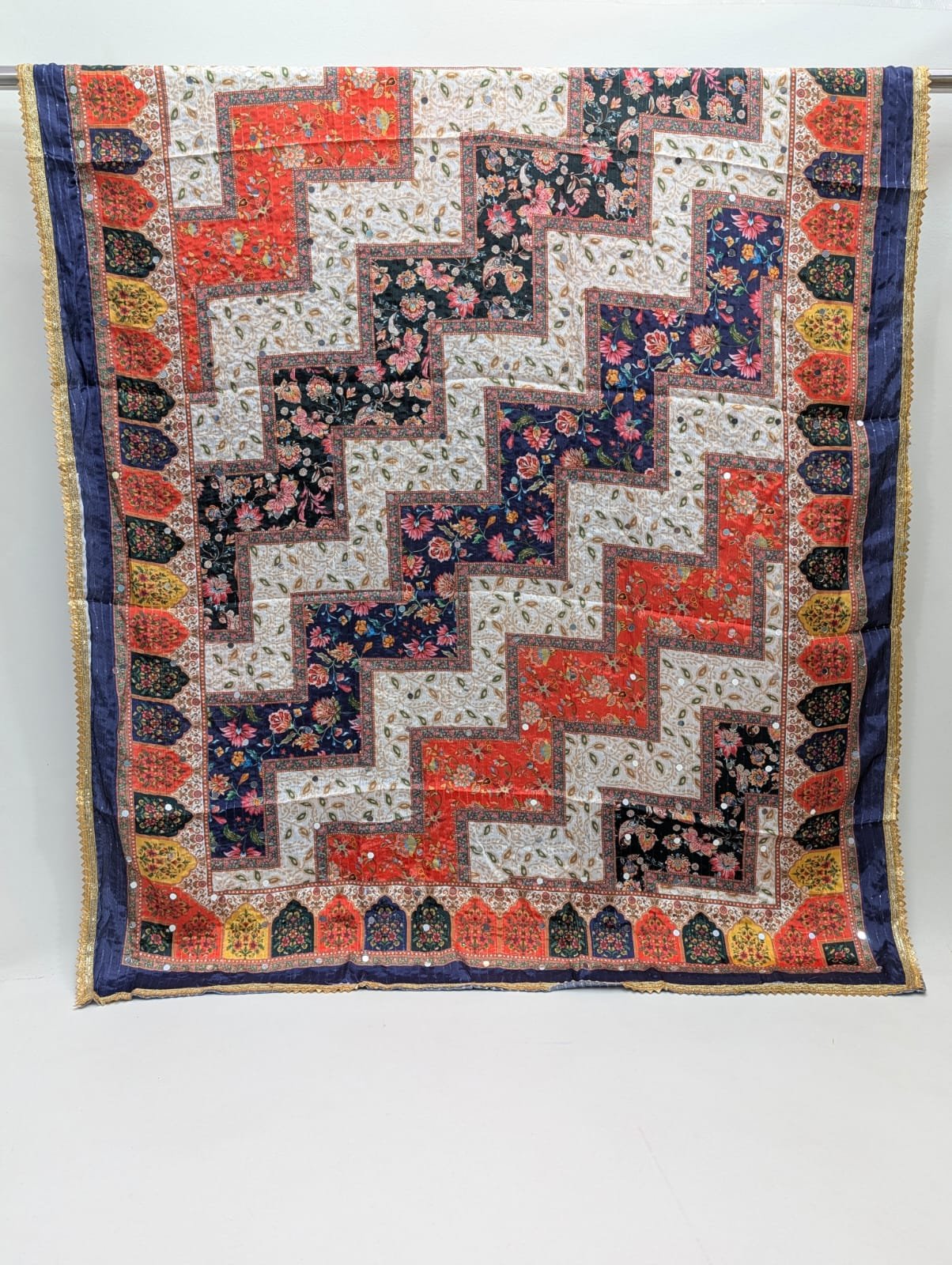 Black and red floral patchwork Chinon dupatta mirrors