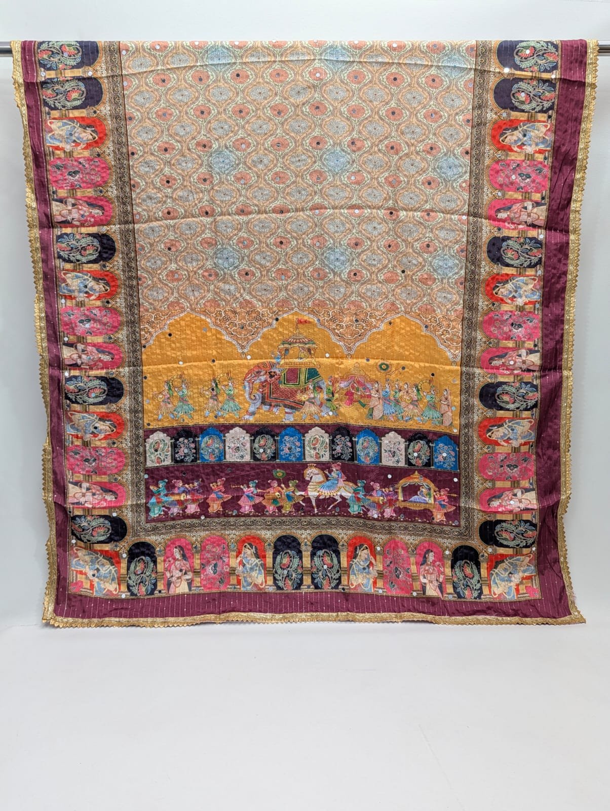 Purple traditional motif Chinon dupatta mirror accents