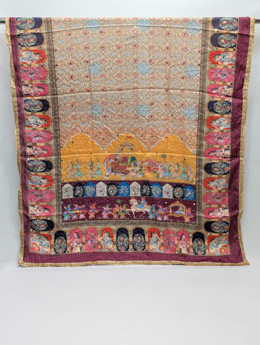 Purple traditional motif Chinon dupatta mirror accents