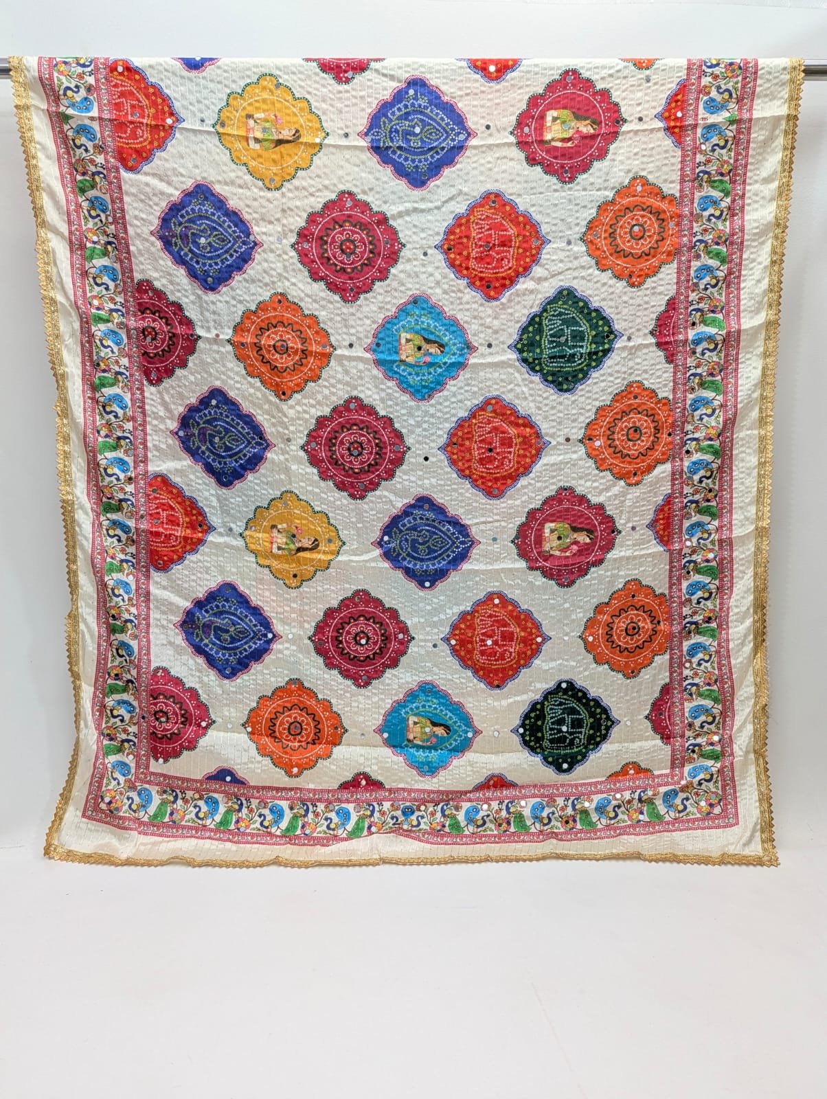 Multicolor geometric Chinon dupatta with mirror work