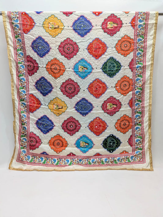 Multicolor geometric Chinon dupatta with mirror work