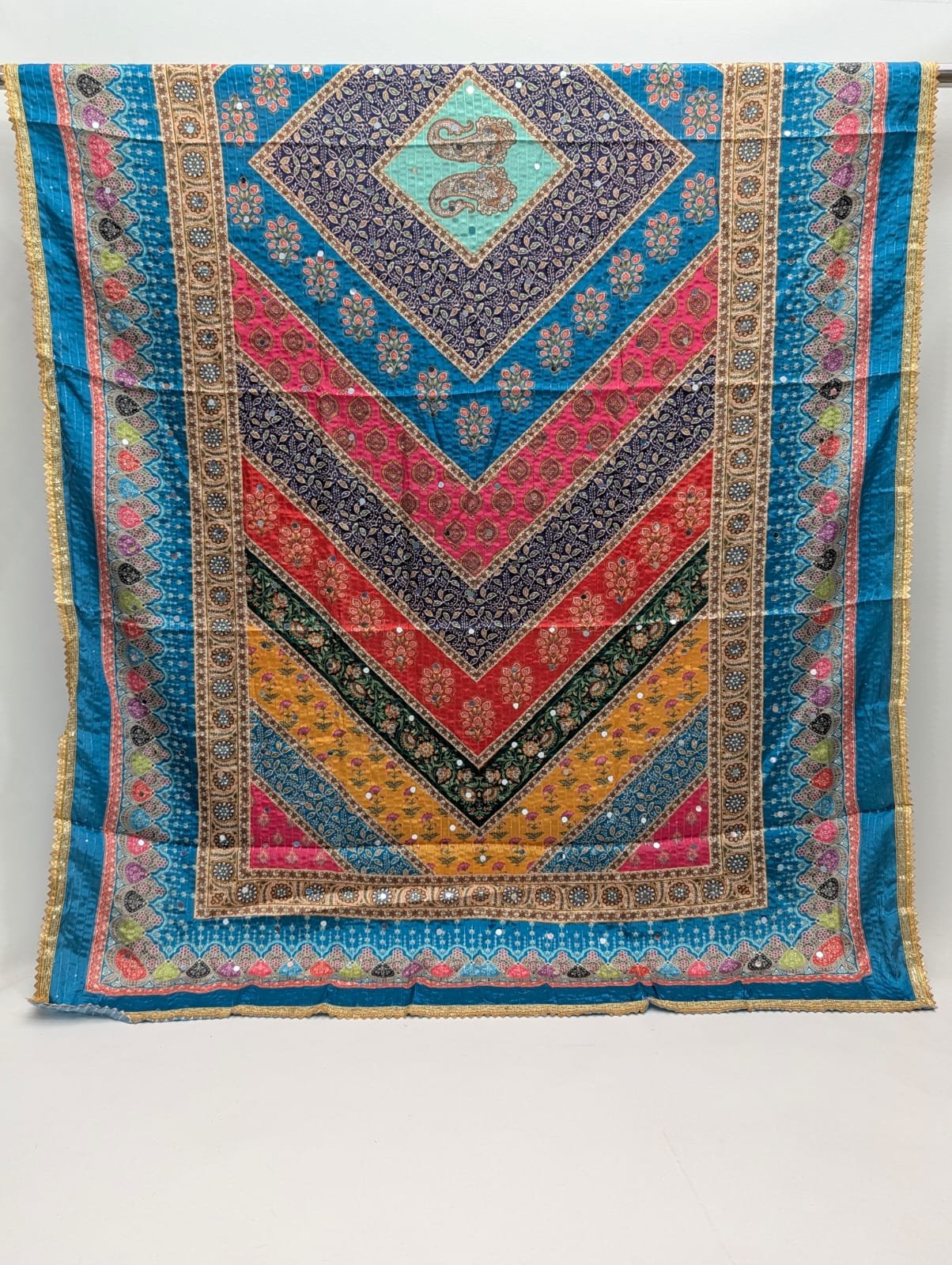 Vibrant geometric pattern Chinon dupatta mirror work