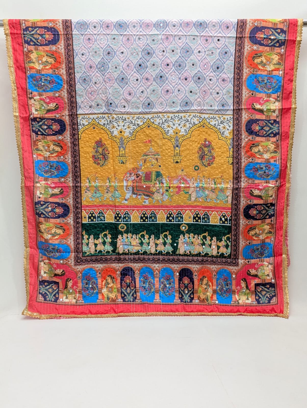 Multicolor ethnic motif Chinon dupatta with mirror work