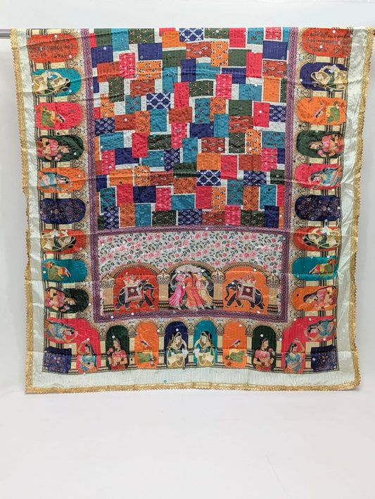 Colorful patchwork Chinon dupatta with mirror detailing
