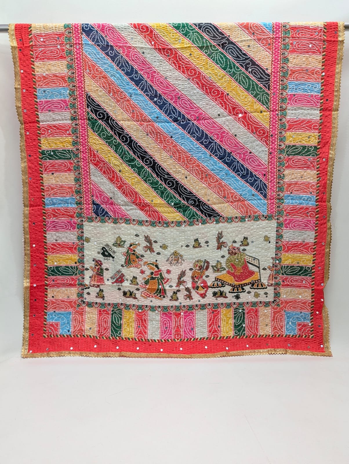 Striped pattern Chinon stole with mirror work