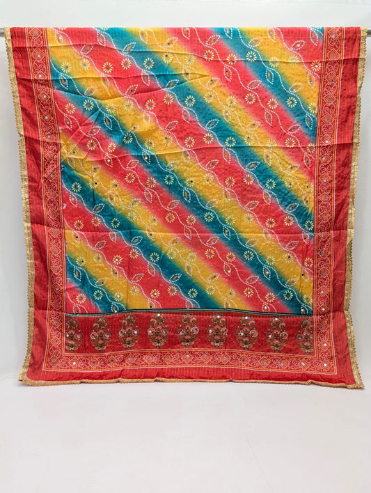 Red diagonal striped Chinon stole with mirror work