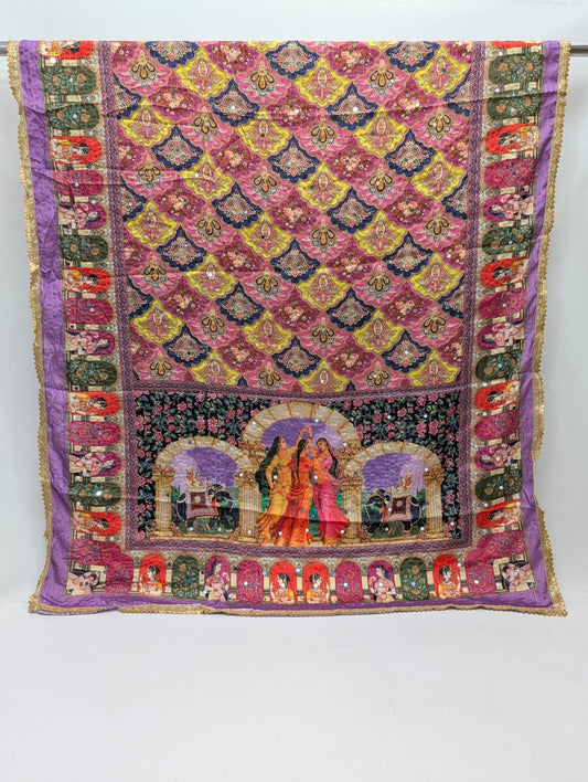 Pink floral Chinon dupatta with ethnic print