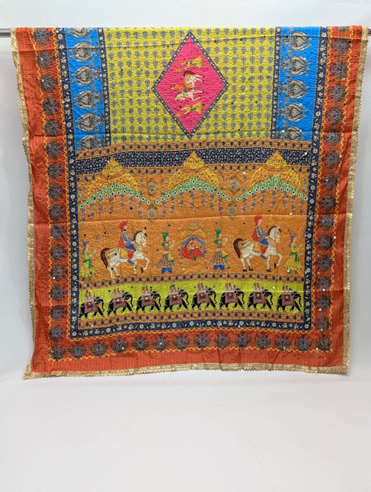 Orange ethnic motif Chinon dupatta with mirror work