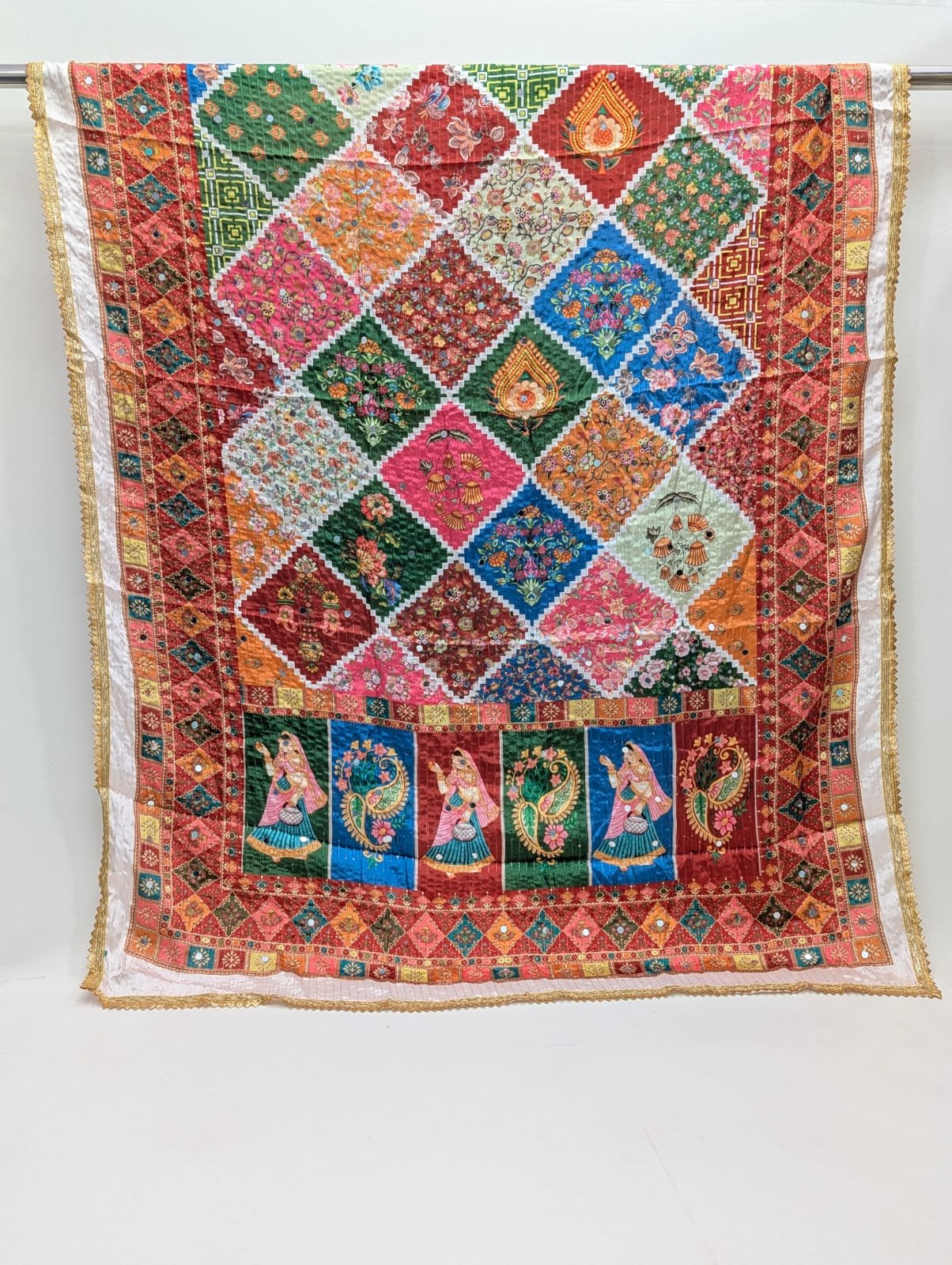 Multicolor patchwork Chinon dupatta with mirrors