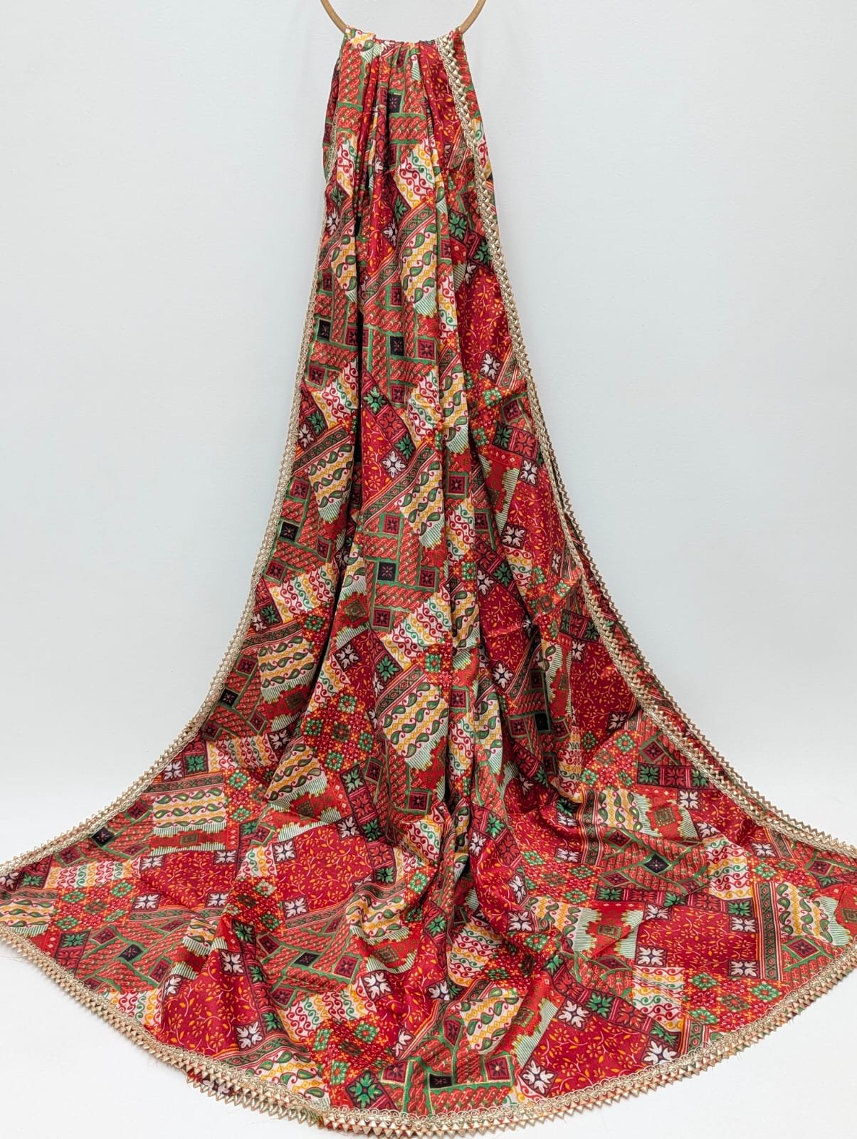 Red patchwork Chinon dupatta with foil accents