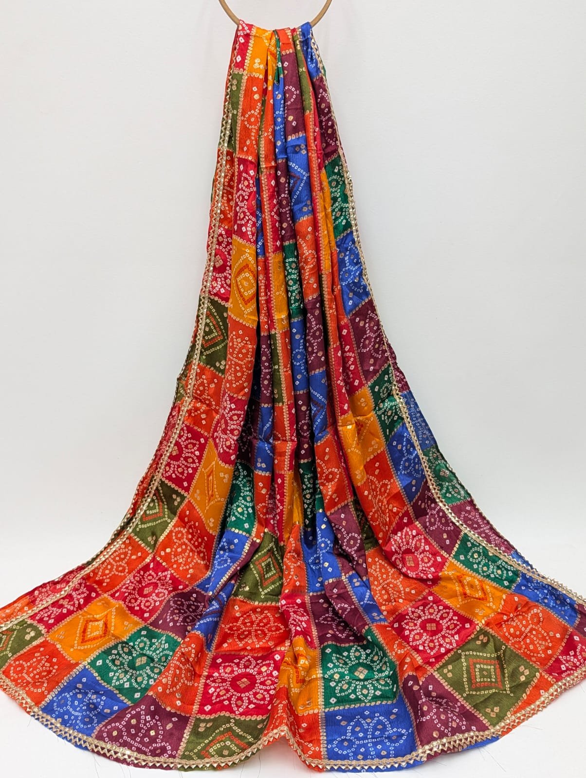 Multicolour bandhani Chinon stole with gold foil